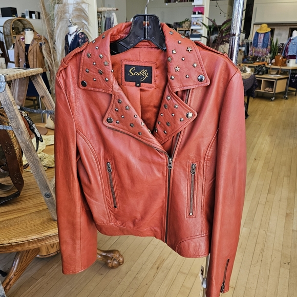 Scully rust red star studded leather biker moto jacket - Picture 1 of 3